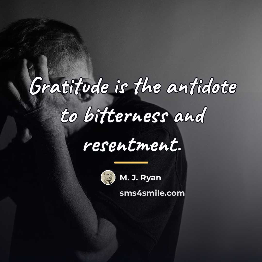 “Gratitude is the antidote to bitterness and resentment.…” quote by M. J. Ryan