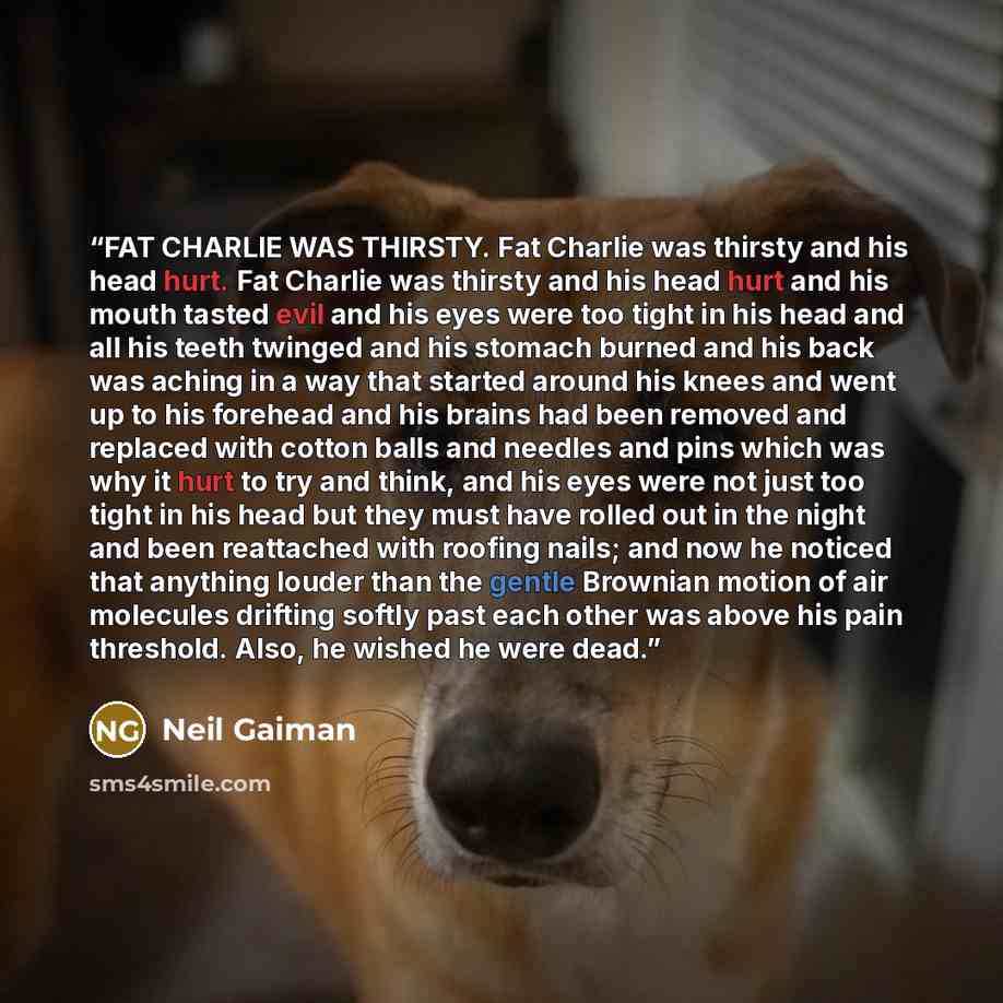“FAT CHARLIE WAS THIRSTY. Fat Charlie was thirsty and his head hurt. Fat Charlie was thirsty and his head hurt and his mouth tasted evil and his eyes were too tight in his head and all his teeth twinged and his stomach burned and his back was aching in a way that started around his knees and went…” quote by Neil Gaiman