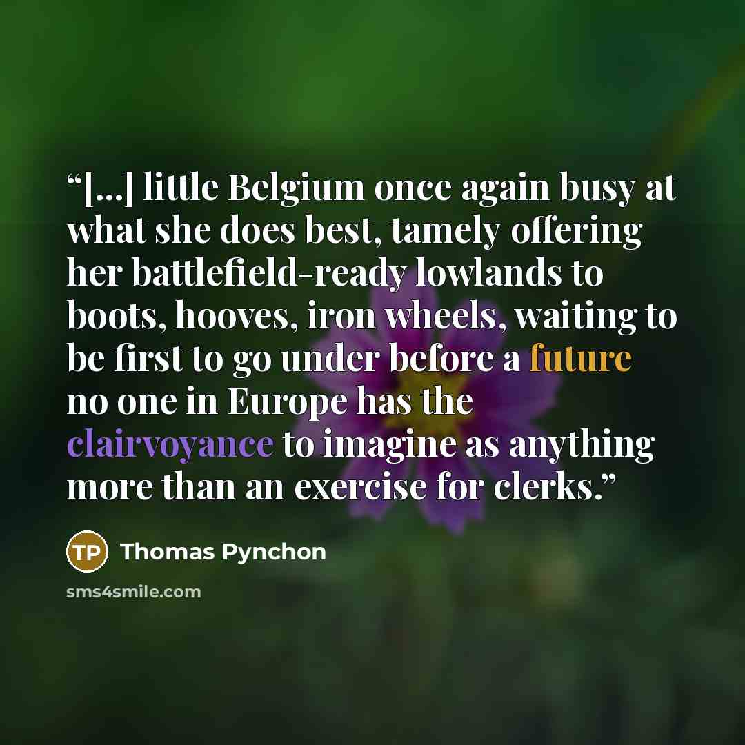 “[...] little Belgium once again busy at what she does best, tamely offering her battlefield-ready lowlands to boots, hooves, iron wheels, waiting to be first to go under before a future no one in Europe has the clairvoyance to imagine as anything more than an exercise for clerks.” quote by Thomas Pynchon
