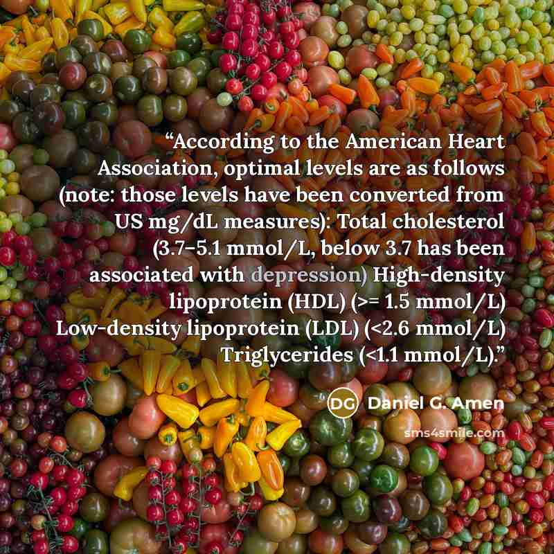 ““According to the American Heart Association, optimal levels are as follows (note: those levels have been converted from US mg/dL measures): Total cholesterol (3.7–5.1 mmol/L, below 3.7 has been associated with depression) High-density lipoprotein (HDL) (>= 1.5 mmol/L) Low-density lipoprotein…” quote by Daniel G. Amen