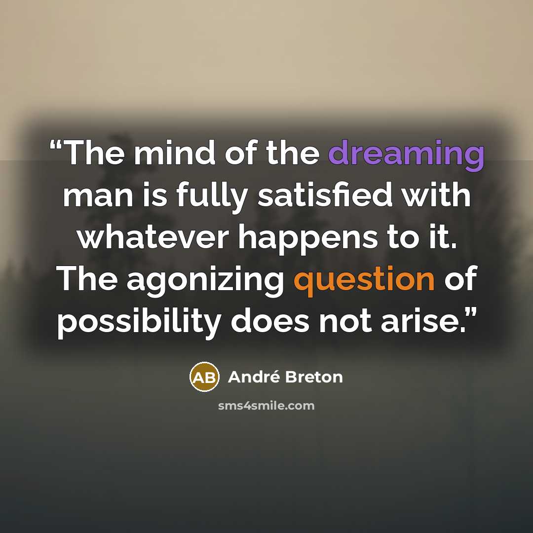 “The mind of the dreaming man is fully satisfied with whatever happens to it. The agonizing question of possibility does not arise.” quote by André Breton