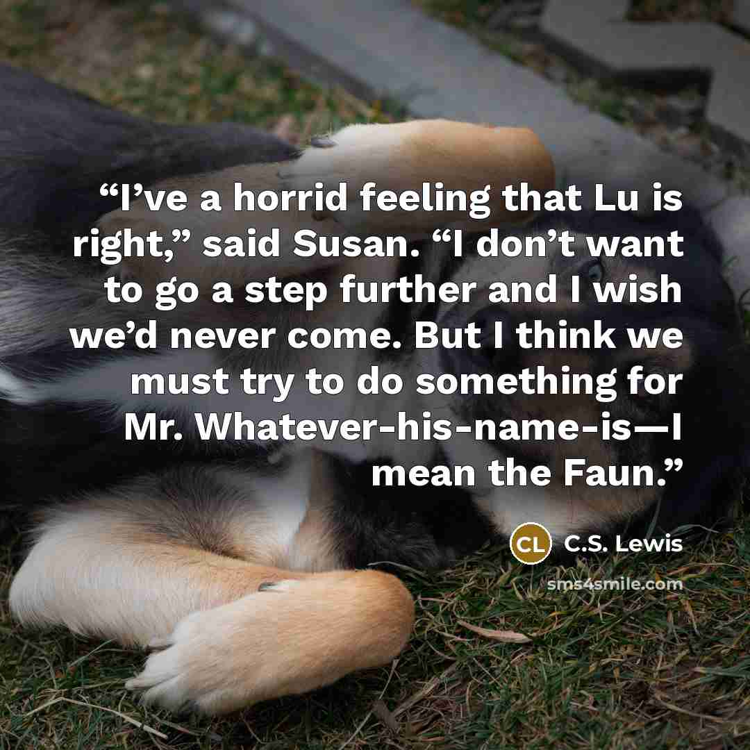 “I’ve a horrid feeling that Lu is right,” said Susan. “I don’t want to go a step further and I wish we’d never come. But I think we must try to do something for Mr. Whatever-his-name-is—I mean the Faun.” quote by C.S. Lewis