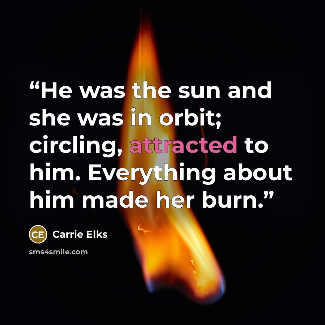 “He was the sun and she was in orbit; circling, attracted to him. Everything about him made her burn.” quote by Carrie Elks