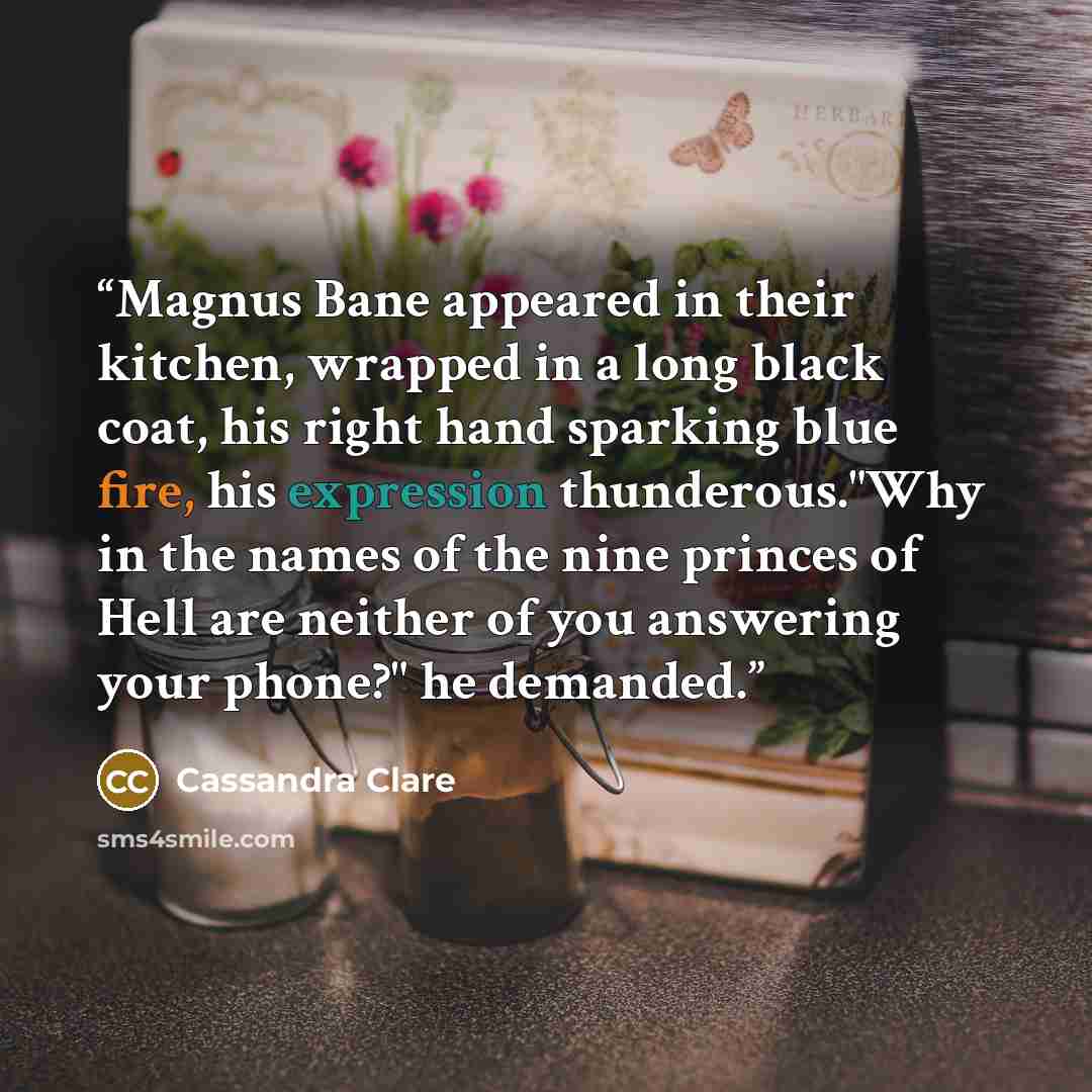 “Magnus Bane appeared in their kitchen, wrapped in a long black coat, his right hand sparking blue fire, his expression thunderous."Why in the names of the nine princes of Hell are neither of you answering your phone?" he demanded.” quote by Cassandra Clare