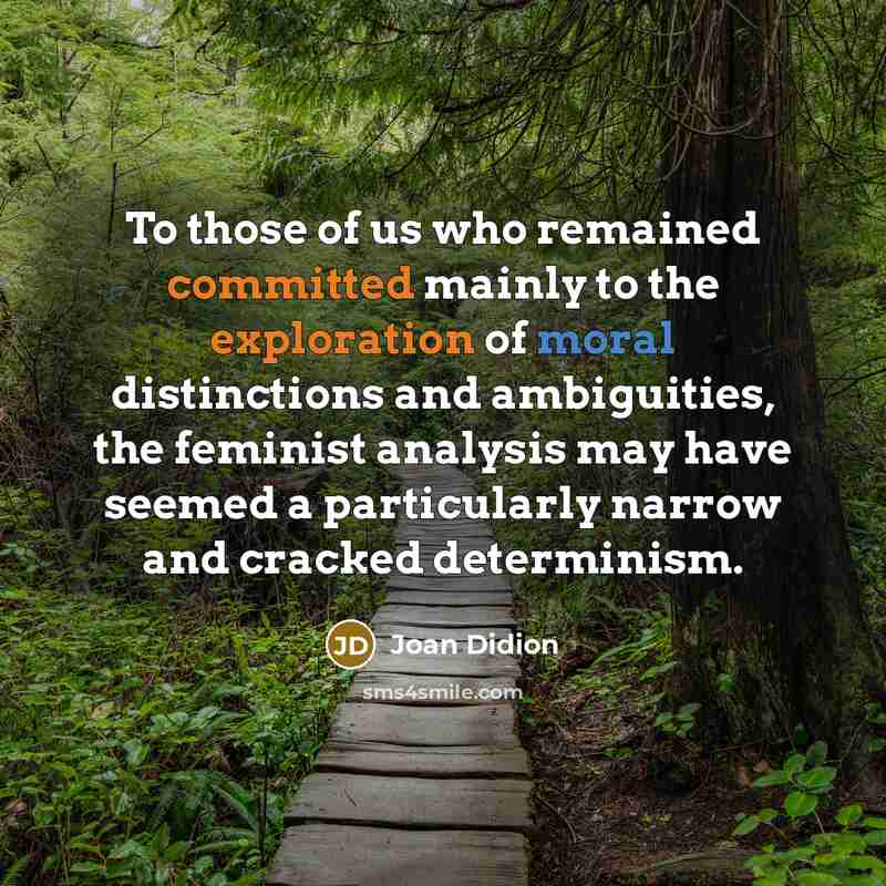 “To those of us who remained committed mainly to the exploration of moral distinctions and ambiguities, the feminist analysis may have seemed a particularly narrow and cracked determinism.” quote by Joan Didion