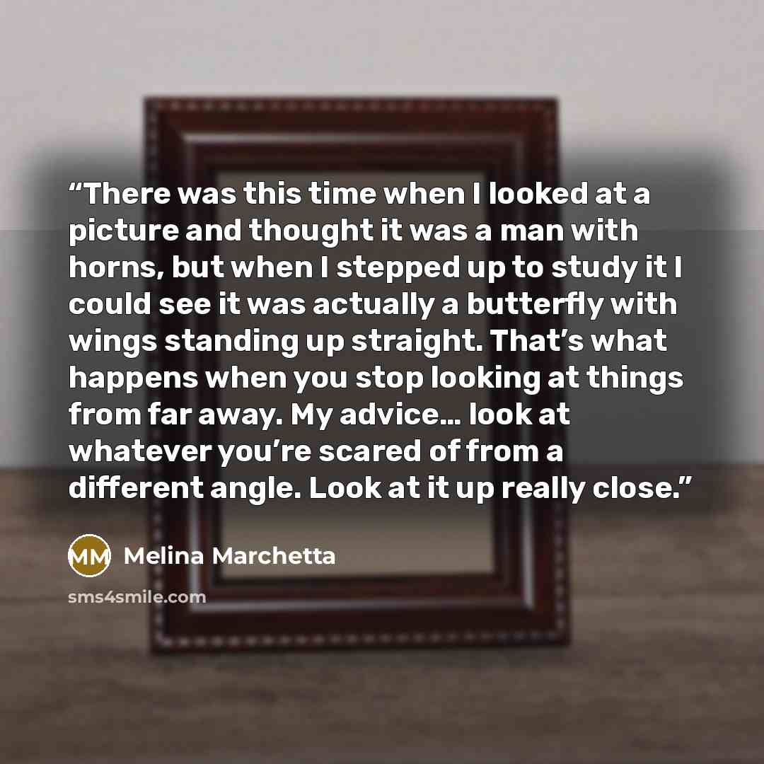 “There was this time when I looked at a picture and thought it was a man with horns, but when I stepped up to study it I could see it was actually a butterfly with wings standing up straight. That’s what happens when you stop looking at things from far away. My advice… look at whatever you’re…” quote by Melina Marchetta