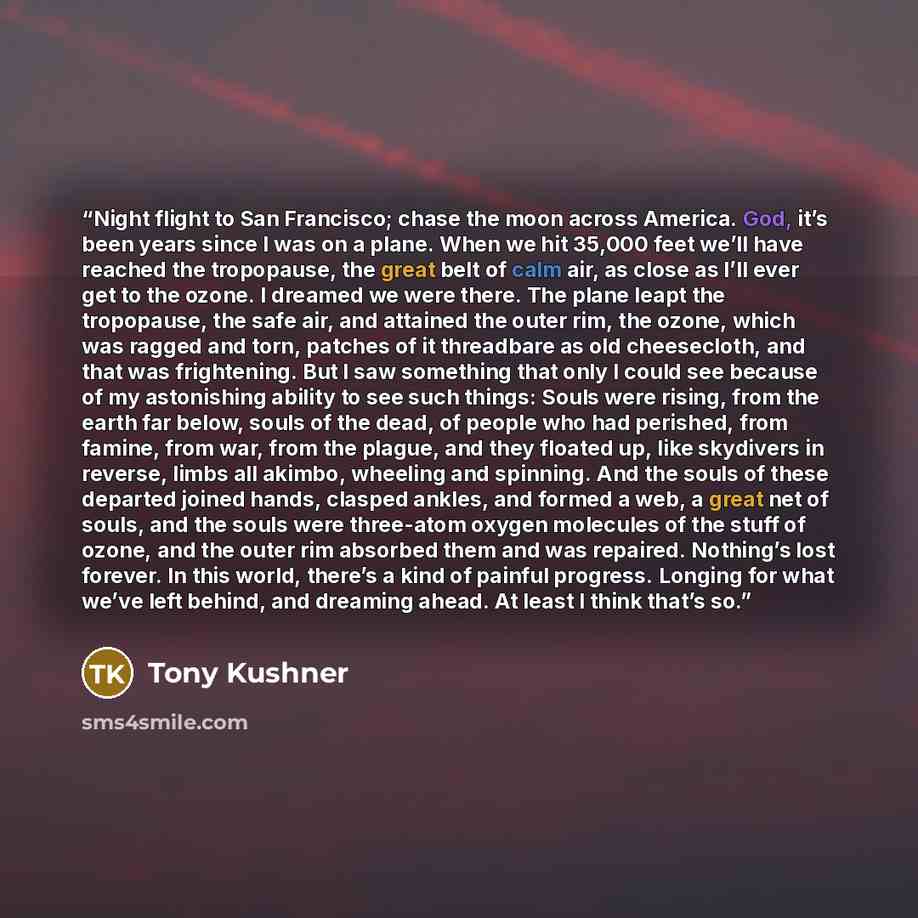 “Night flight to San Francisco; chase the moon across America. God, it’s been years since I was on a plane. When we hit 35,000 feet we’ll have reached the tropopause, the great belt of calm air, as close as I’ll ever get to the ozone. I dreamed we were there. The plane leapt the tropopause, the…” quote by Tony Kushner