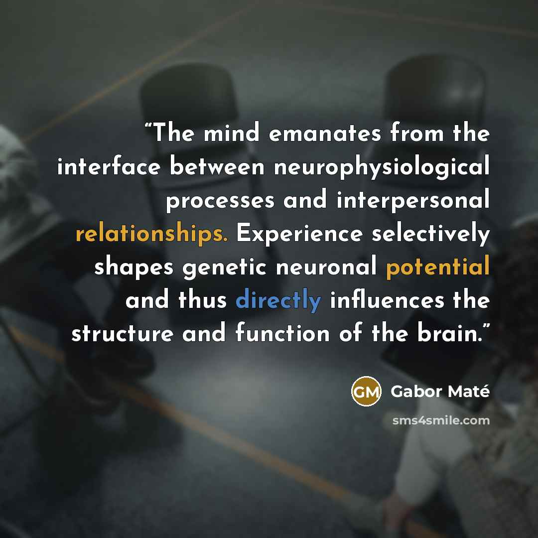 “The mind emanates from the interface between neurophysiological processes and interpersonal relationships. Experience selectively shapes genetic neuronal potential and thus directly influences the structure and function of the brain.” quote by Gabor Maté