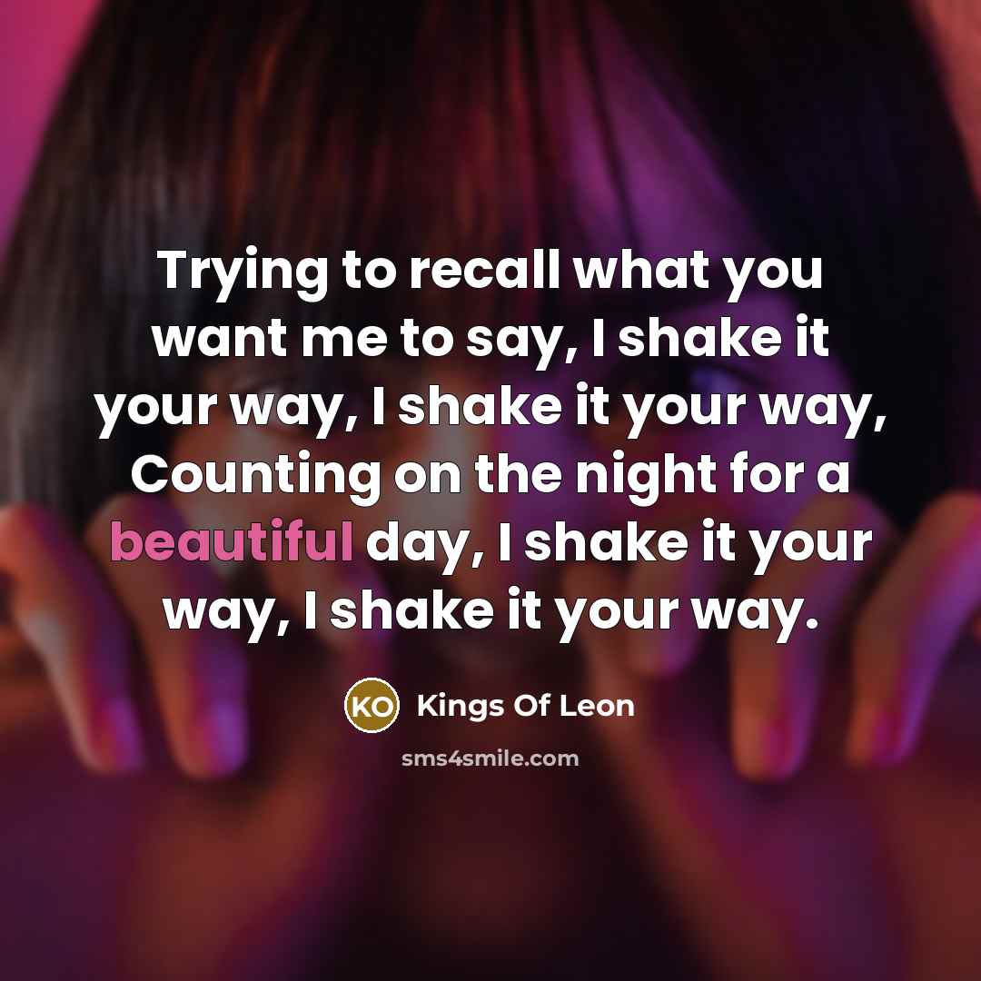 “Trying to recall what you want me to say, I shake it your way, I shake it your way, Counting on the night for a beautiful day, I shake it your way, I shake it your way.” quote by Kings Of Leon