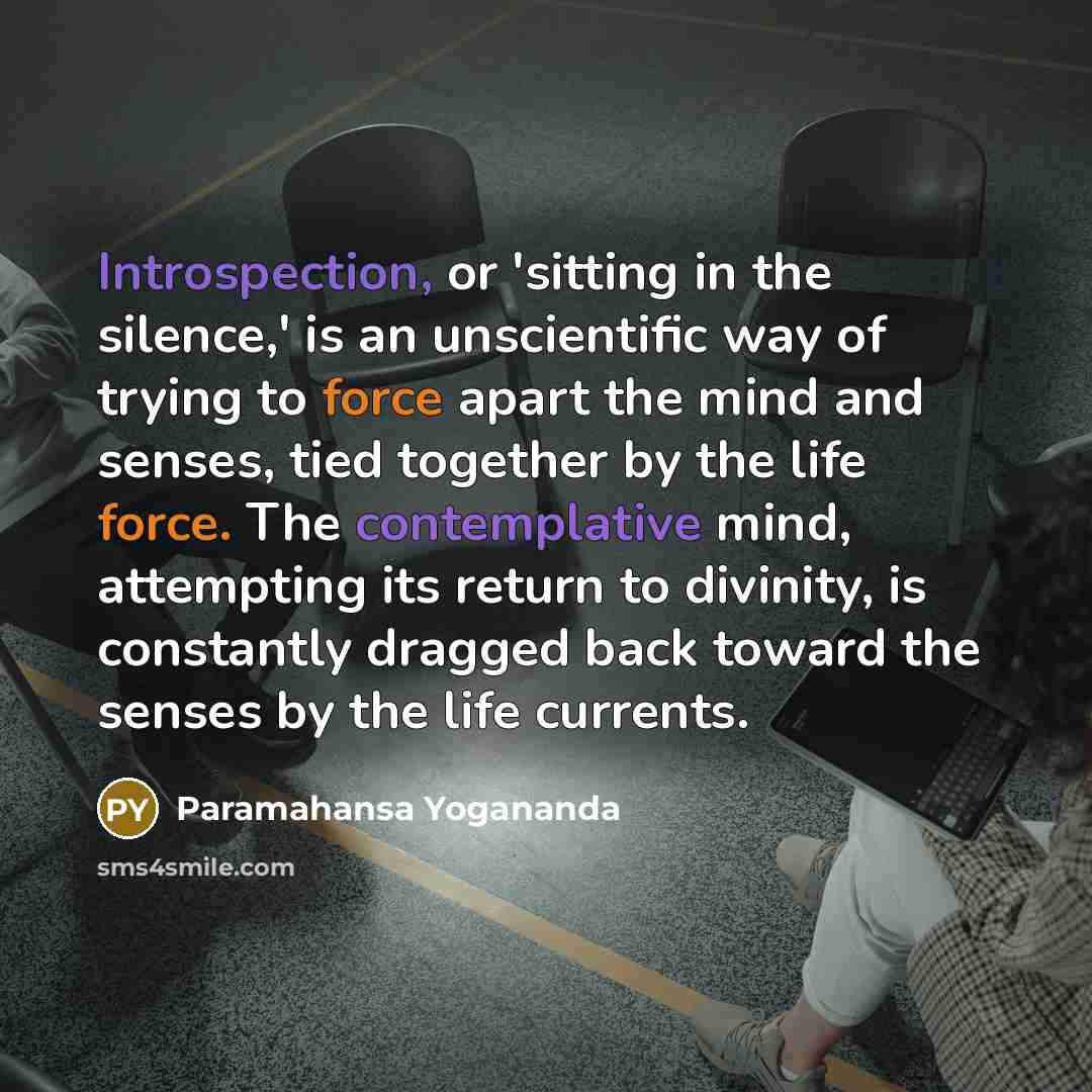 “Introspection, or 'sitting in the silence,' is an unscientific way of trying to force apart the mind and senses, tied together by the life force. The contemplative mind, attempting its return to divinity, is constantly dragged back toward the senses by the life currents.” quote by Paramahansa Yogananda