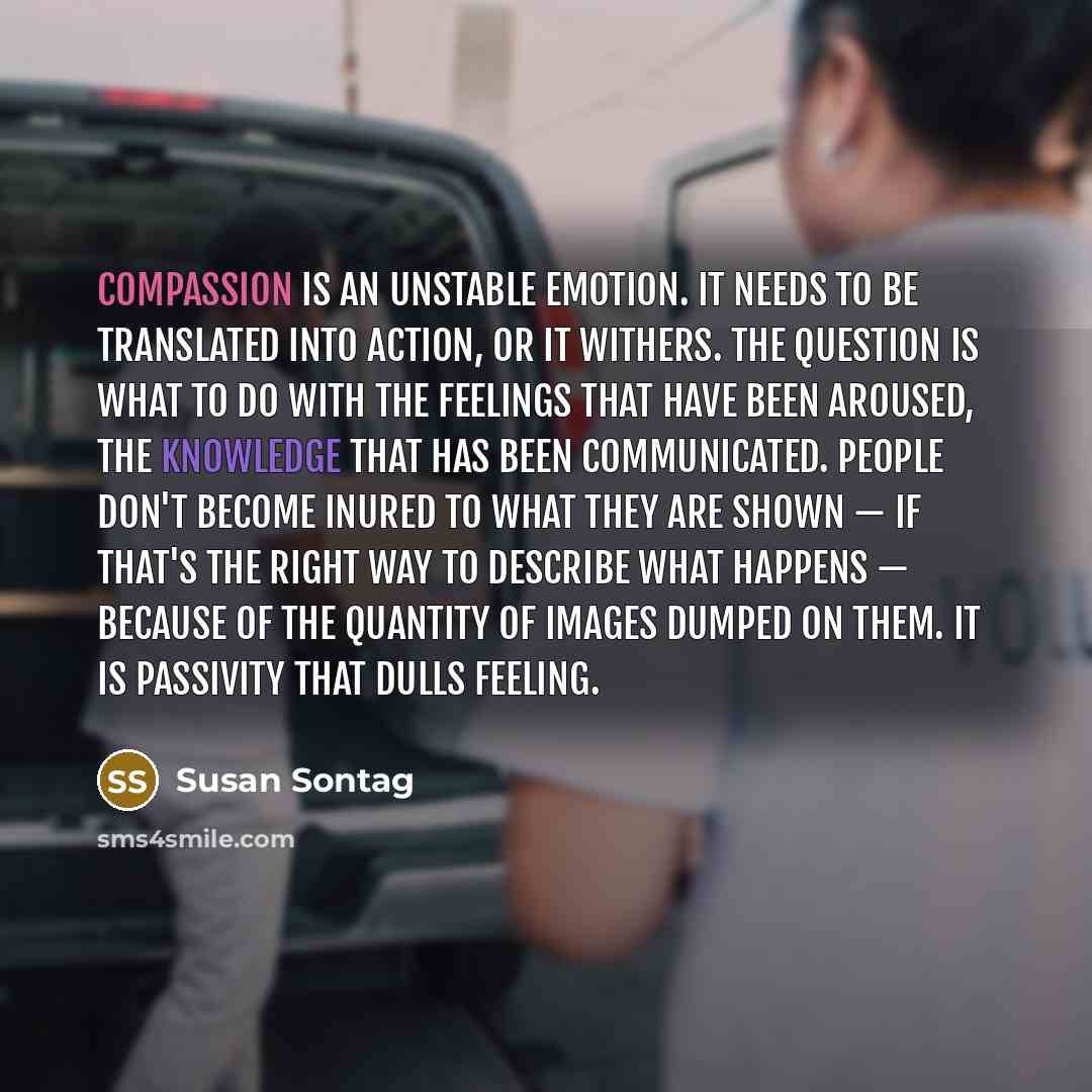“Compassion is an unstable emotion. It needs to be translated…” quote by Susan Sontag