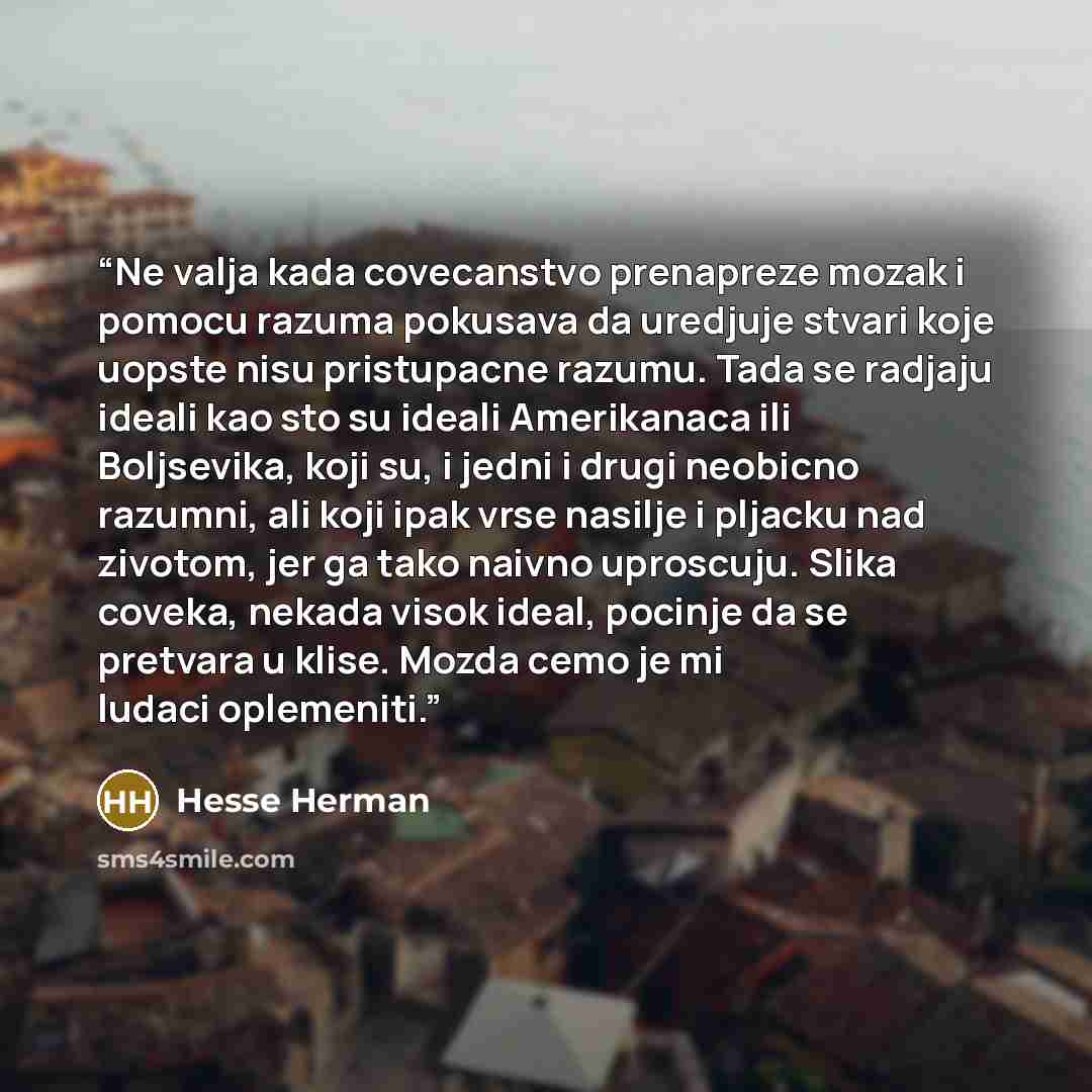 “Ne valja kada covecanstvo prenapreze mozak i pomocu razuma pokusava da uredjuje stvari koje uopste nisu pristupacne razumu. Tada se radjaju ideali kao sto su ideali Amerikanaca ili Boljsevika, koji su, i jedni i drugi neobicno razumni, ali koji ipak vrse nasilje i pljacku nad zivotom, jer ga tako…” quote by Hesse Herman