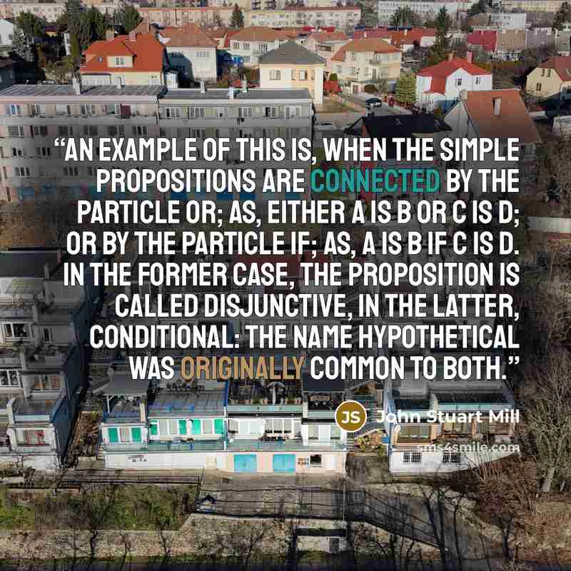 “An example of this is, when the simple propositions are connected by the particle or; as, either A is B or C is D; or by the particle if; as, A is B if C is D. In the former case, the proposition is called disjunctive, in the latter, conditional: the name hypothetical was originally common to both.” quote by John Stuart Mill