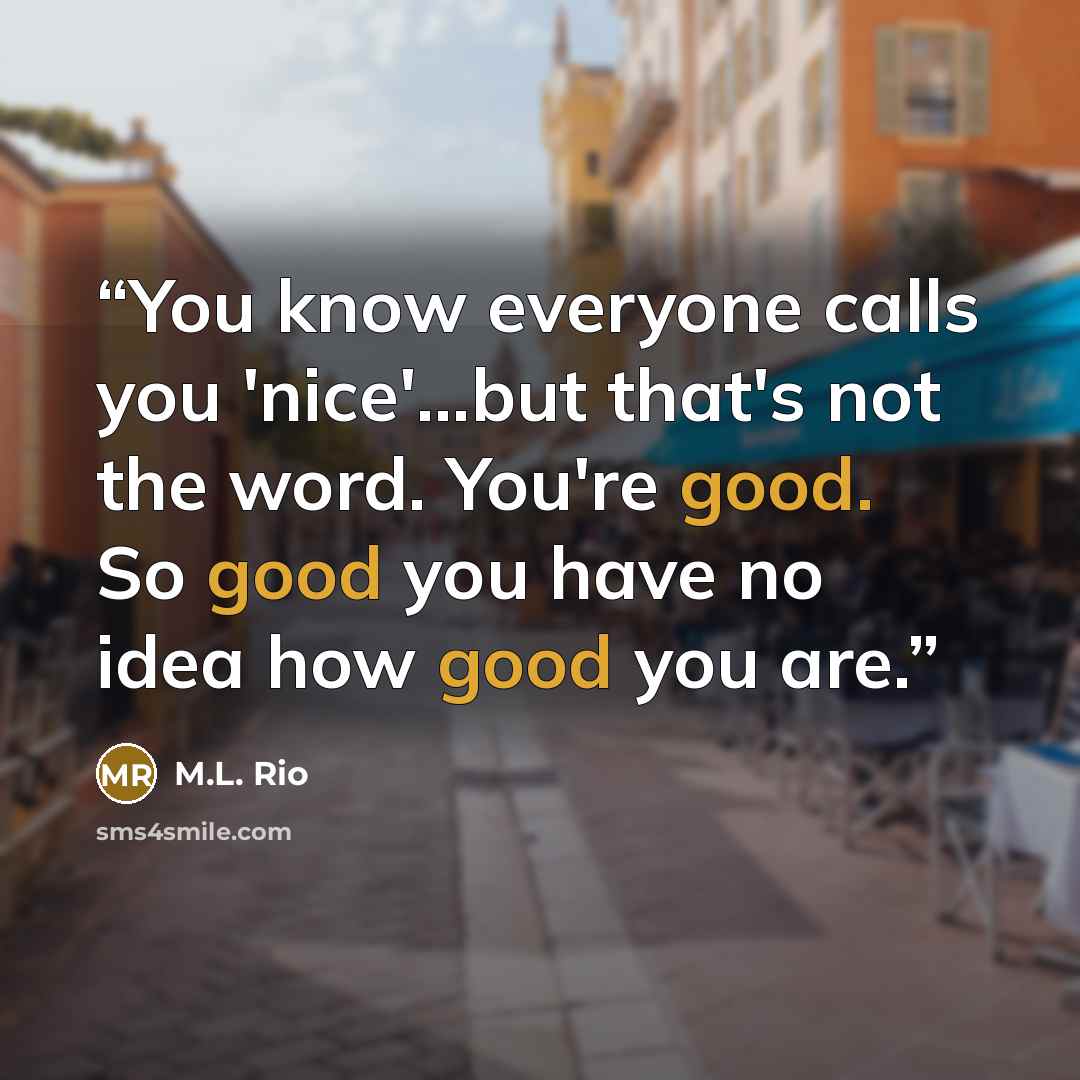 “You know everyone calls you 'nice'...but that's not the word. You're good. So good you have no idea how good you are.” quote by M.L. Rio