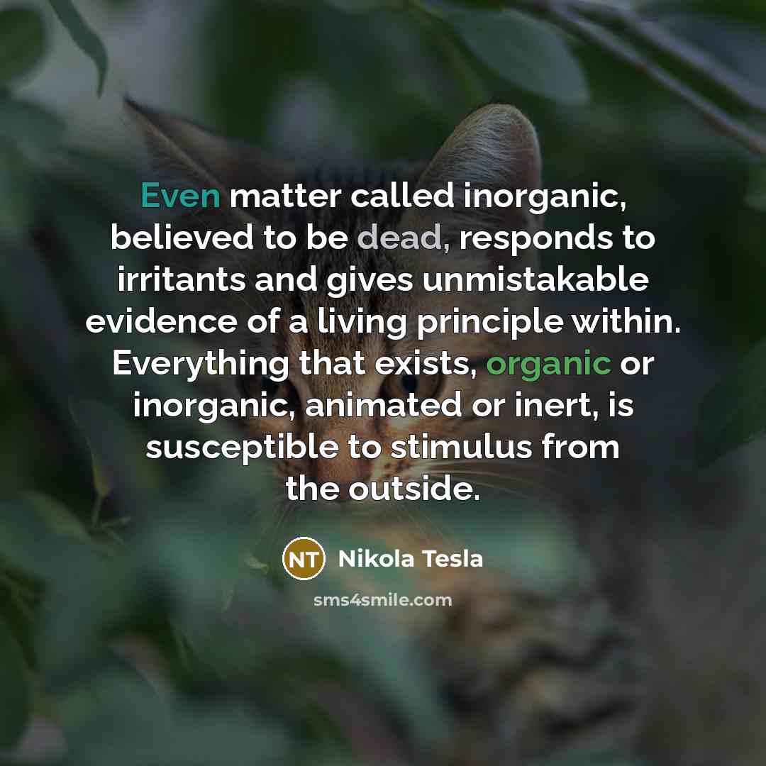 “Even matter called inorganic, believed to be dead, responds to…” quote by Nikola Tesla