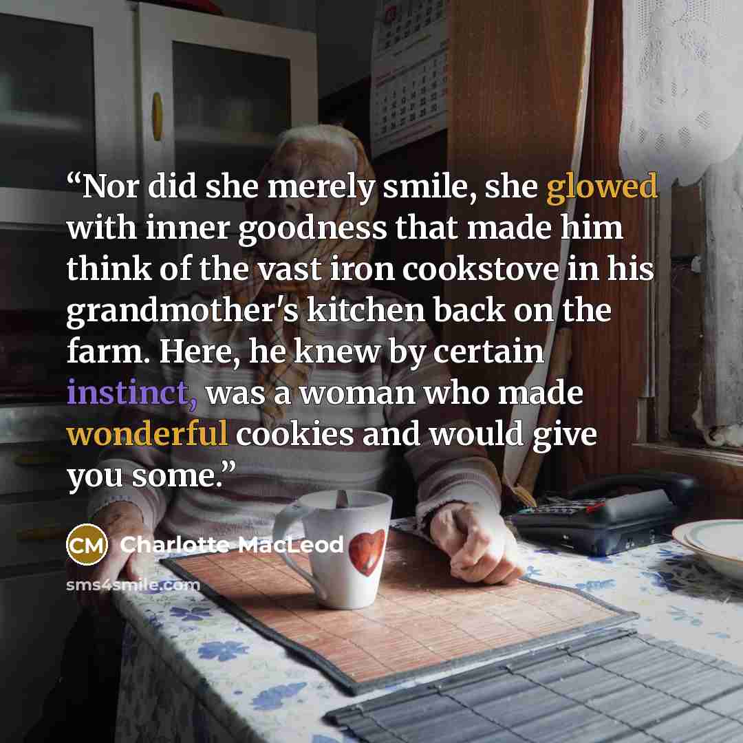 “Nor did she merely smile, she glowed with inner goodness that made him think of the vast iron cookstove in his grandmother's kitchen back on the farm. Here, he knew by certain instinct, was a woman who made wonderful cookies and would give you some.” quote by Charlotte MacLeod