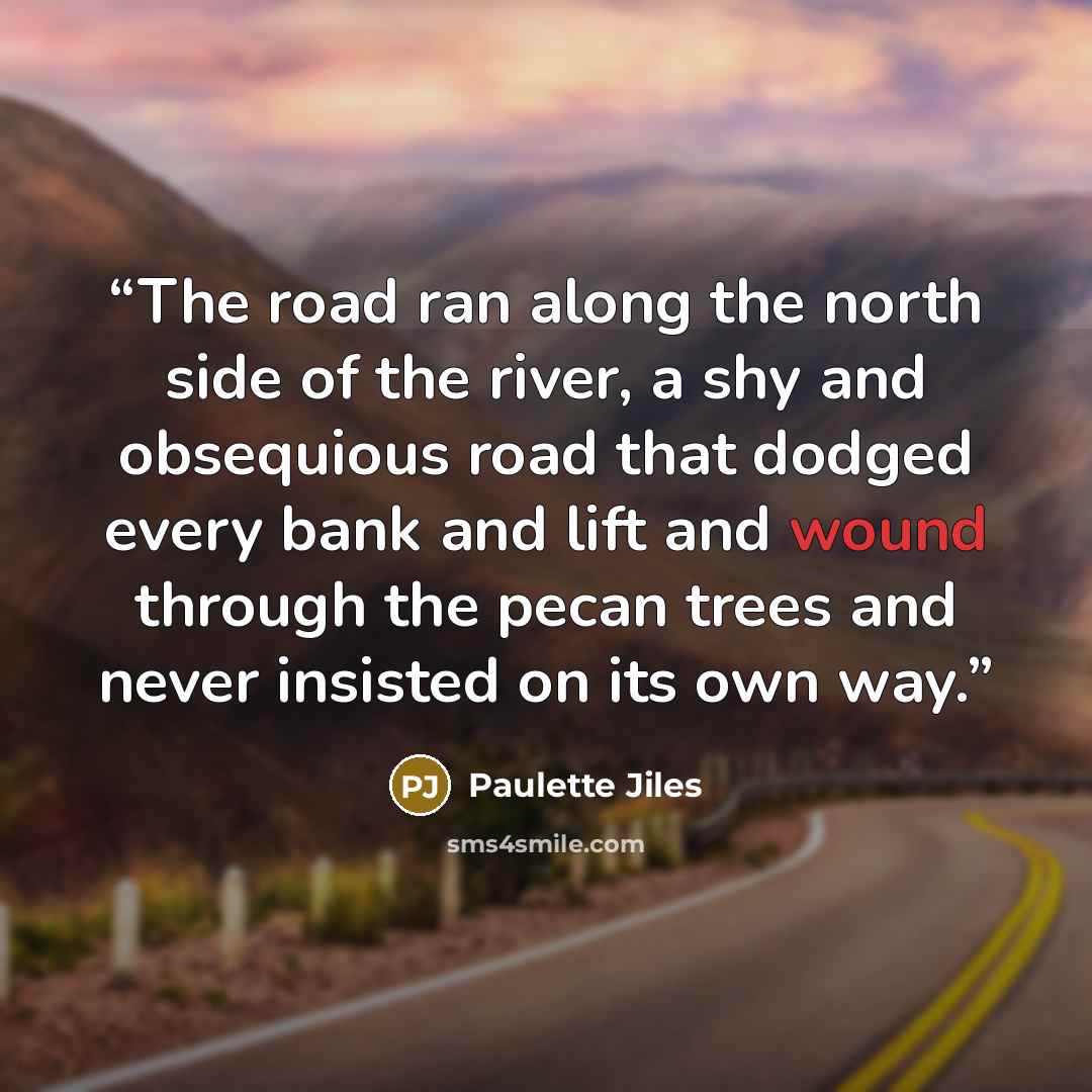 “The road ran along the north side of the river, a shy and obsequious road that dodged every bank and lift and wound through the pecan trees and never insisted on its own way.” quote by Paulette Jiles