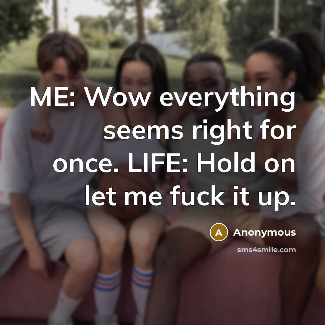 “ME: Wow everything seems right for once. LIFE: Hold on let me fuck it up.” quote by Anonymous