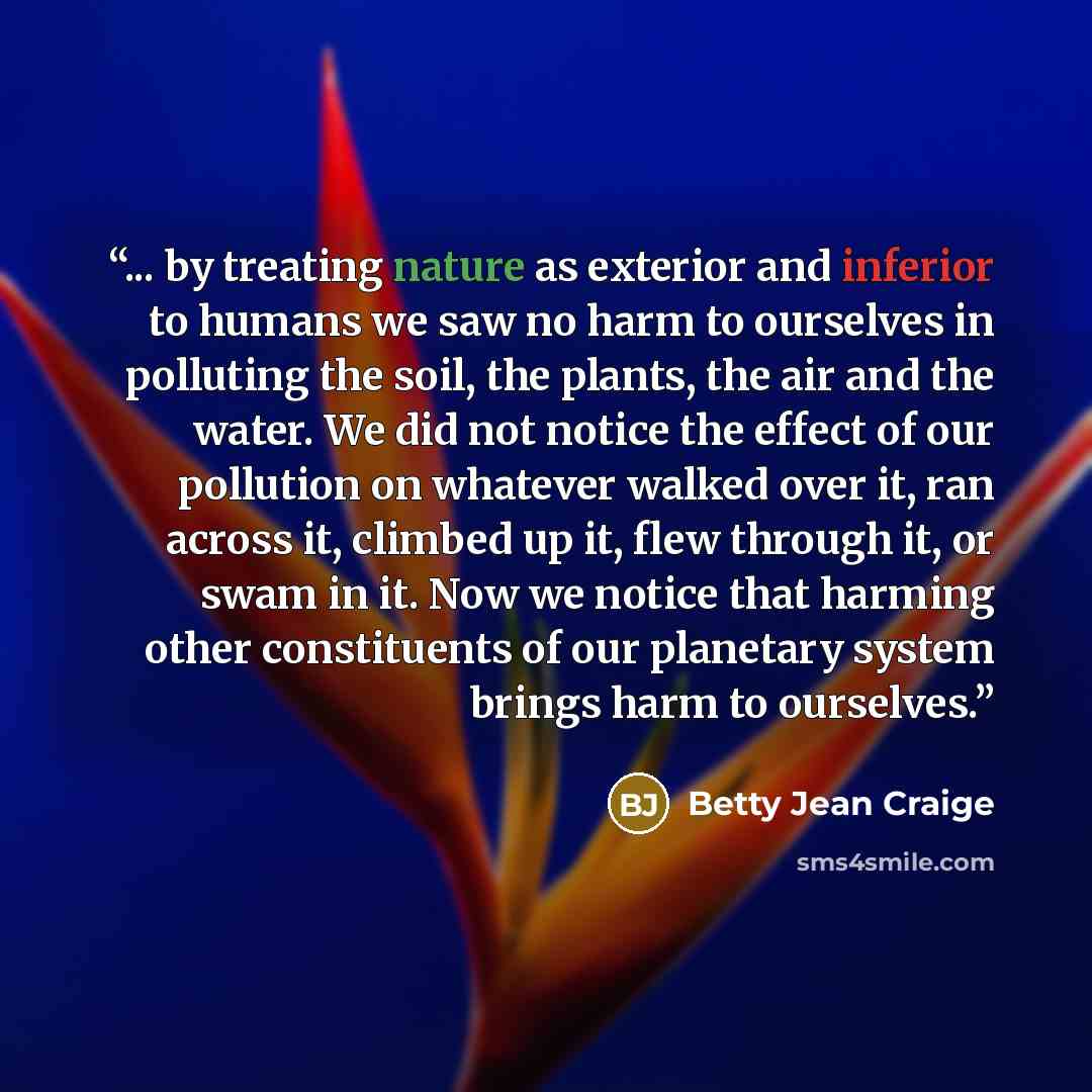 “... by treating nature as exterior and inferior to humans we saw no harm to ourselves in polluting the soil, the plants, the air and the water. We did not notice the effect of our pollution on whatever walked over it, ran across it, climbed up it, flew through it, or swam in it. Now we notice that…” quote by Betty Jean Craige