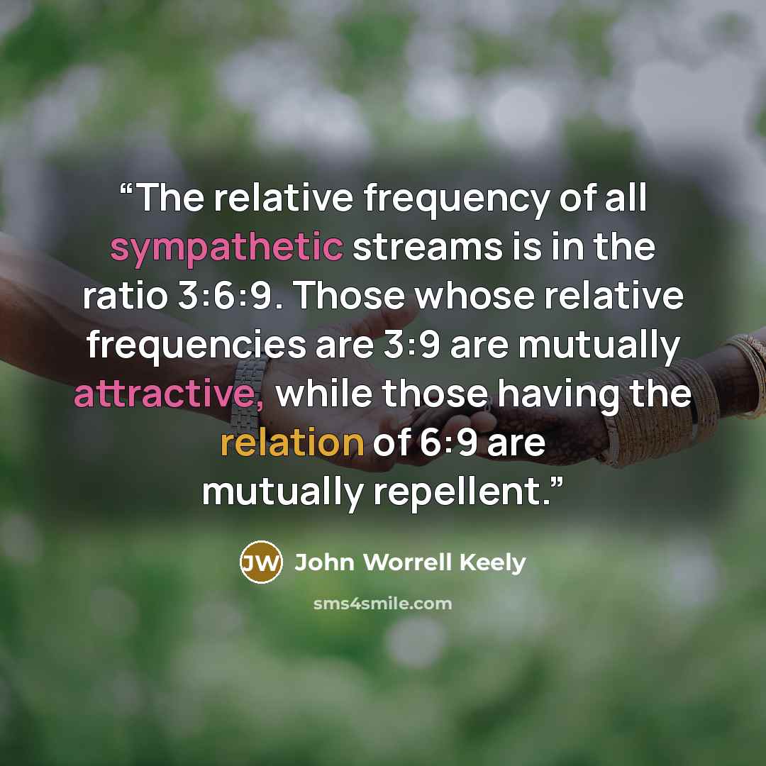 “The relative frequency of all sympathetic streams is in the ratio 3:6:9. Those whose relative frequencies are 3:9 are mutually attractive, while those having the relation of 6:9 are mutually repellent.” quote by John Worrell Keely