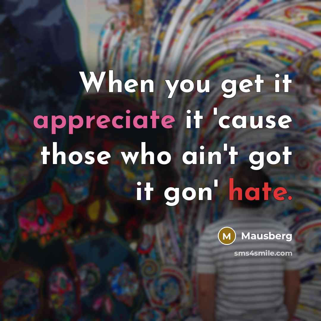 “When you get it appreciate it 'cause those who ain't got it gon' hate.” quote by Mausberg