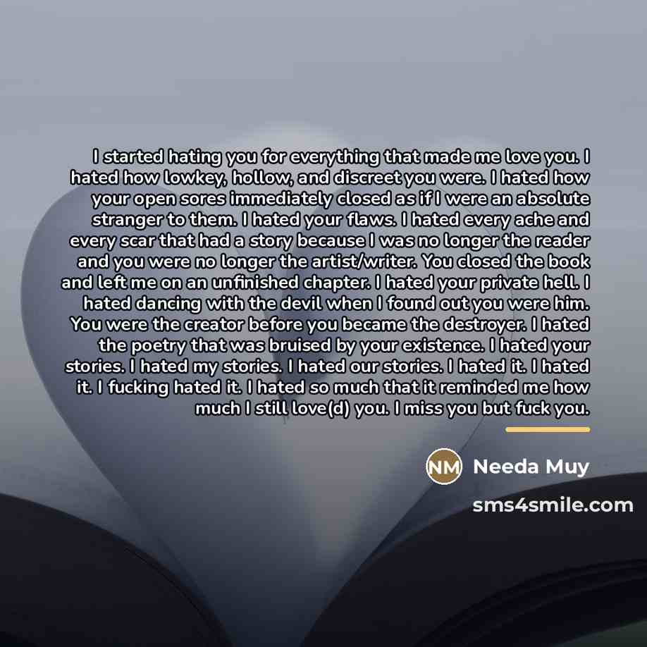 “I started hating you for everything that made me love…” quote by Needa Muy