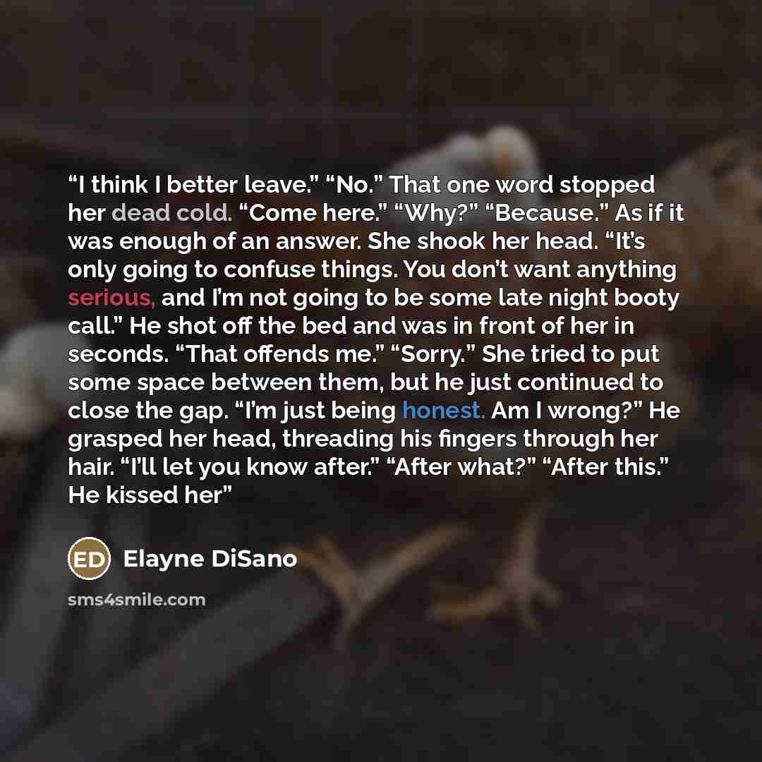 “I think I better leave.” “No.” That one word stopped her dead cold. “Come here.” “Why?” “Because.” As if it was enough of an answer. She shook her head. “It’s only going to confuse things. You don’t want anything serious, and I’m not going to be some late night booty call.” He shot off the bed and…” quote by Elayne DiSano