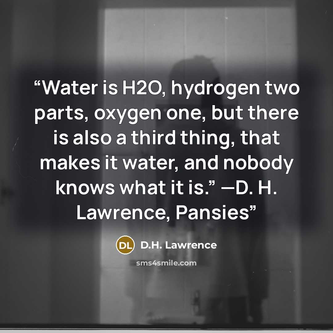 “Water is H2O, hydrogen two parts, oxygen one, but there is also a third thing, that makes it water, and nobody knows what it is.” —D. H. Lawrence, Pansies” quote by D.H. Lawrence