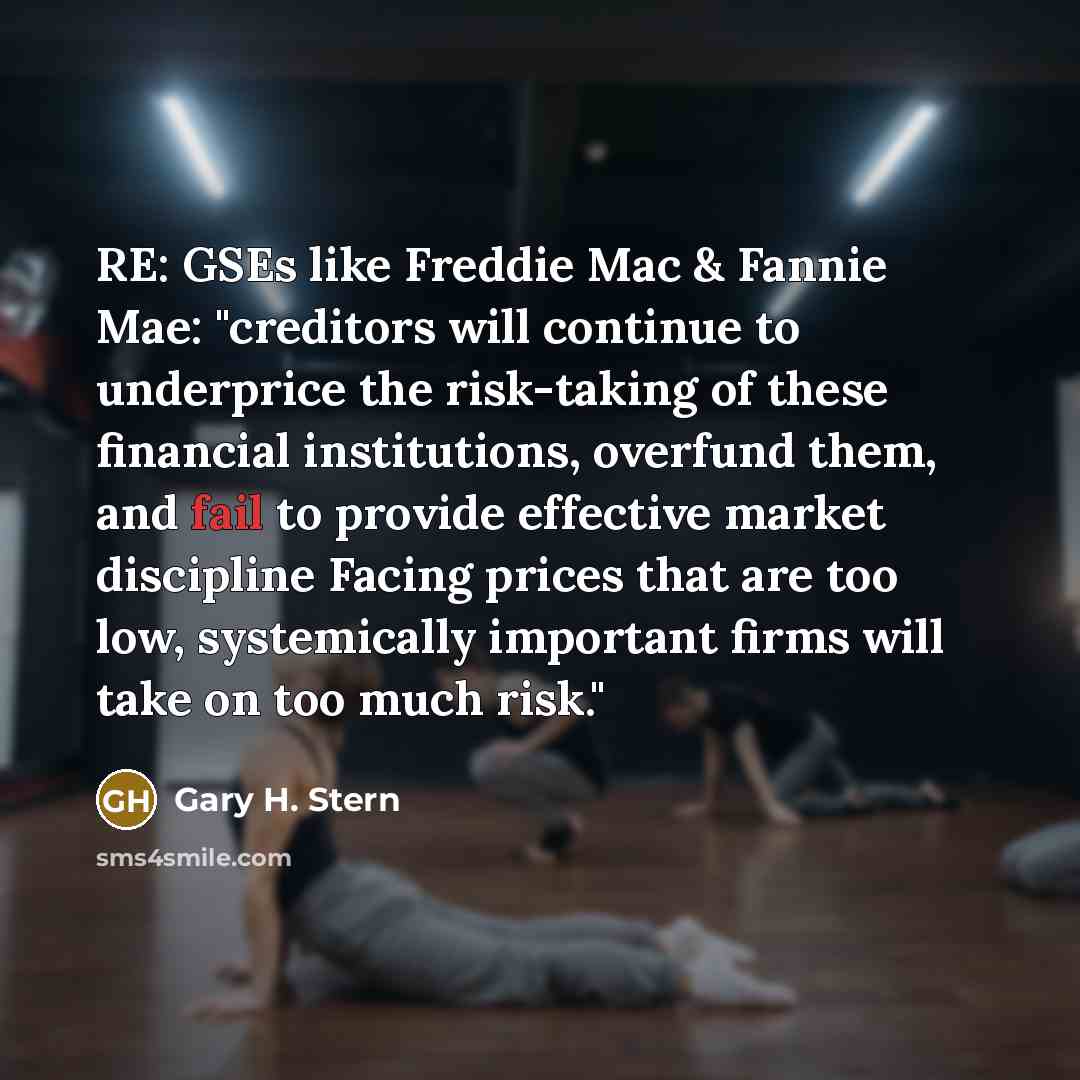 “RE: GSEs like Freddie Mac & Fannie Mae: "creditors will continue to underprice the risk-taking of these financial institutions, overfund them, and fail to provide effective market discipline Facing prices that are too low, systemically important firms will take on too much risk."” quote by Gary H. Stern