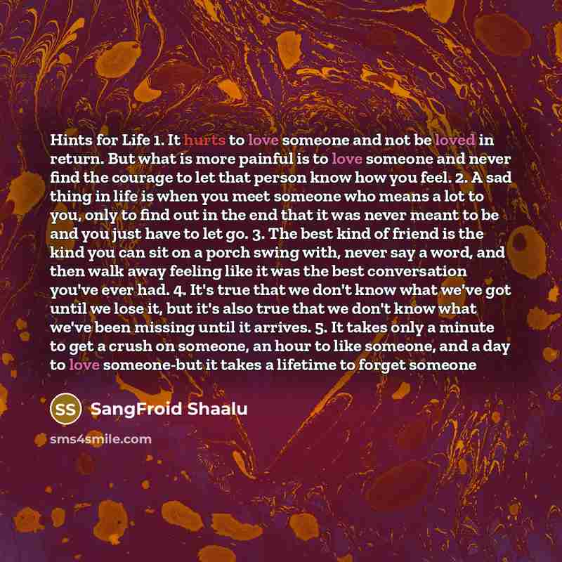 “Hints for Life 1. It hurts to love someone and…” quote by SangFroid Shaalu