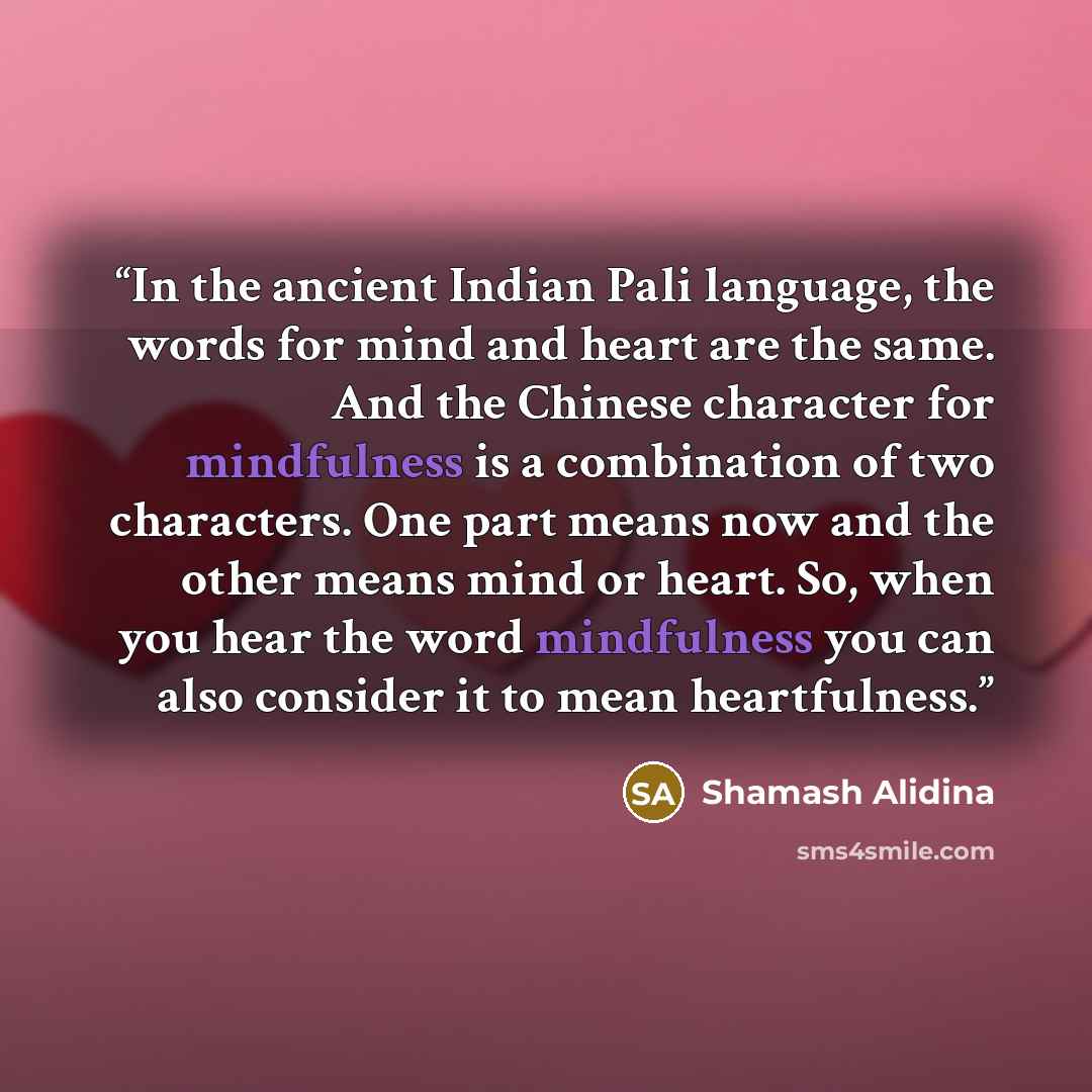 “In the ancient Indian Pali language, the words for mind and heart are the same. And the Chinese character for mindfulness is a combination of two characters. One part means now and the other means mind or heart. So, when you hear the word mindfulness you can also consider it to mean heartfulness.” quote by Shamash Alidina