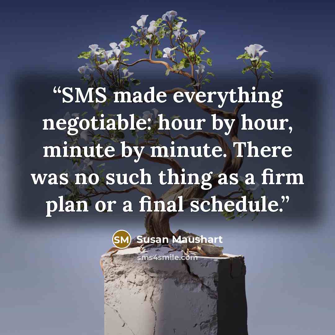 “SMS made everything negotiable: hour by hour, minute by minute. There was no such thing as a firm plan or a final schedule.” quote by Susan Maushart