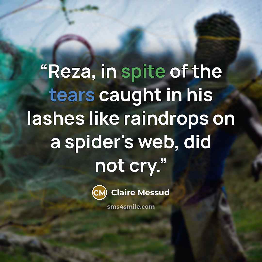 “Reza, in spite of the tears caught in his lashes like raindrops on a spider's web, did not cry.” quote by Claire Messud