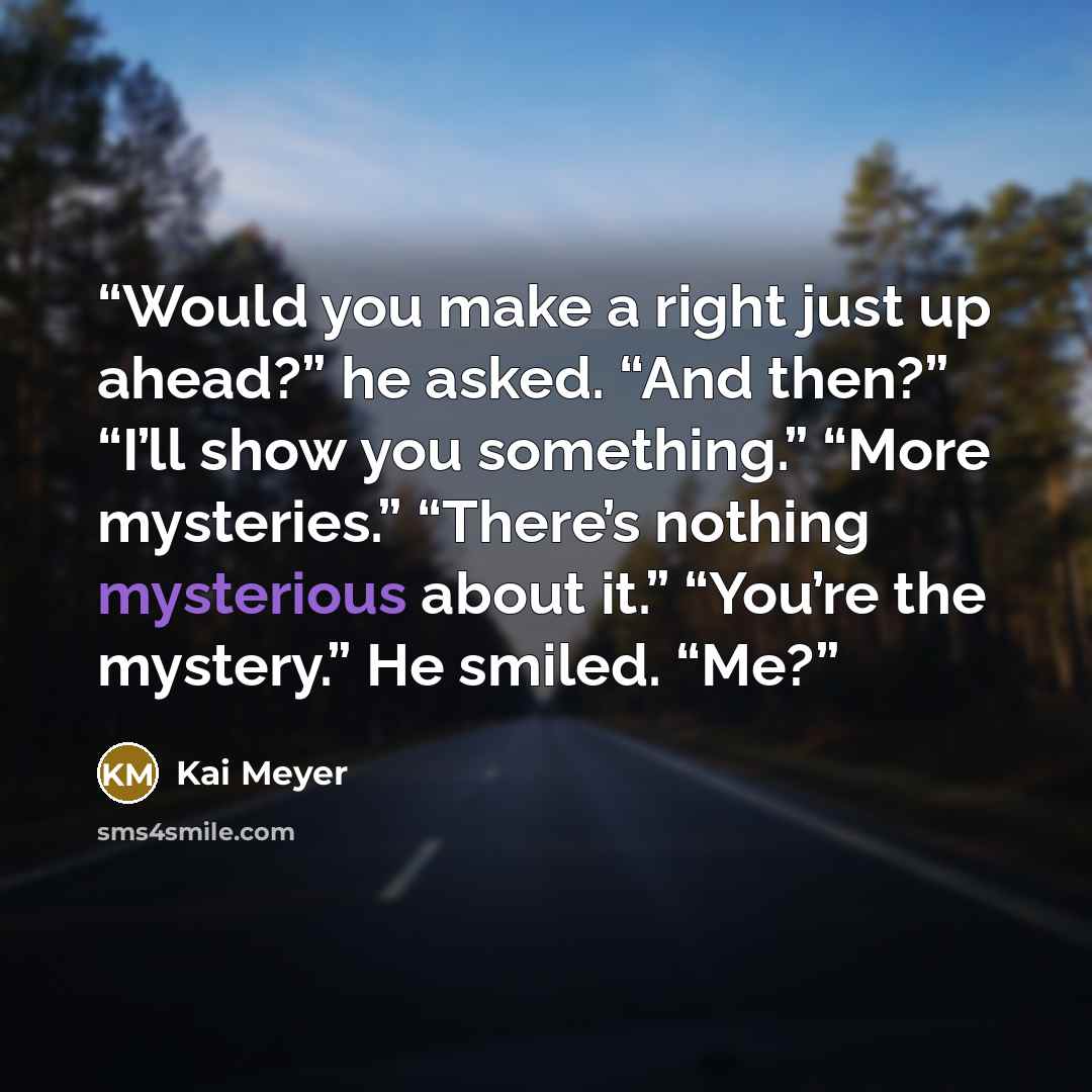 “Would you make a right just up ahead?” he asked. “And then?” “I’ll show you something.” “More mysteries.” “There’s nothing mysterious about it.” “You’re the mystery.” He smiled. “Me?” quote by Kai Meyer