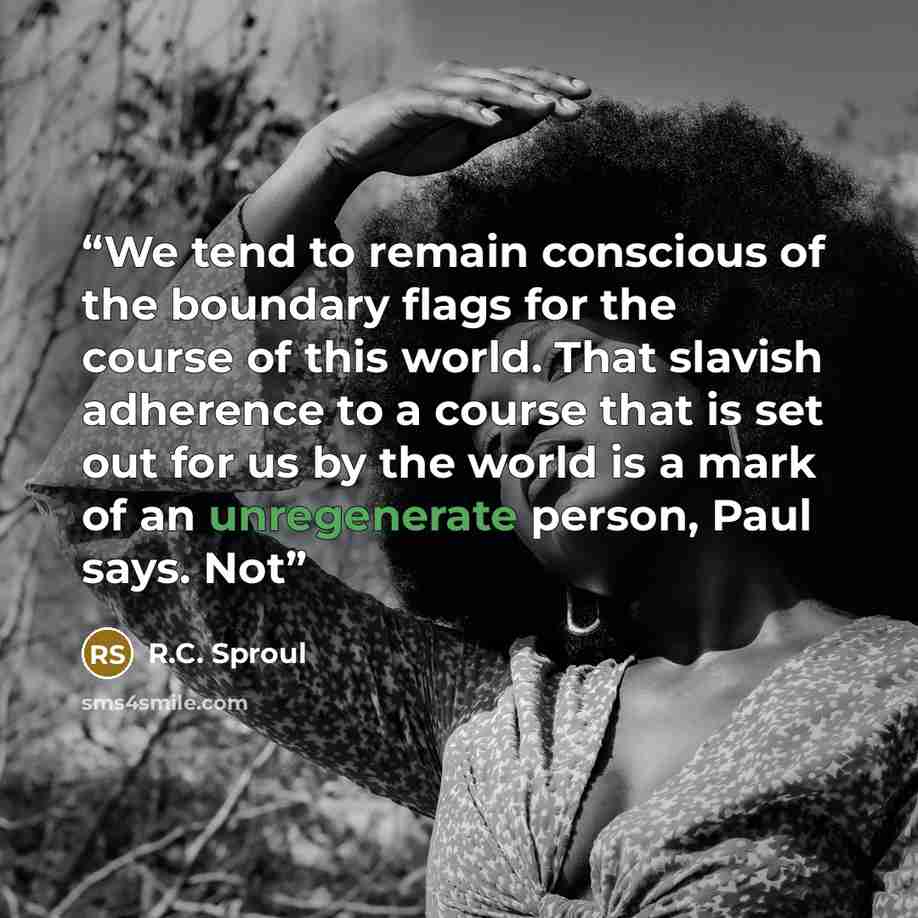 “We tend to remain conscious of the boundary flags for the course of this world. That slavish adherence to a course that is set out for us by the world is a mark of an unregenerate person, Paul says. Not” quote by R.C. Sproul