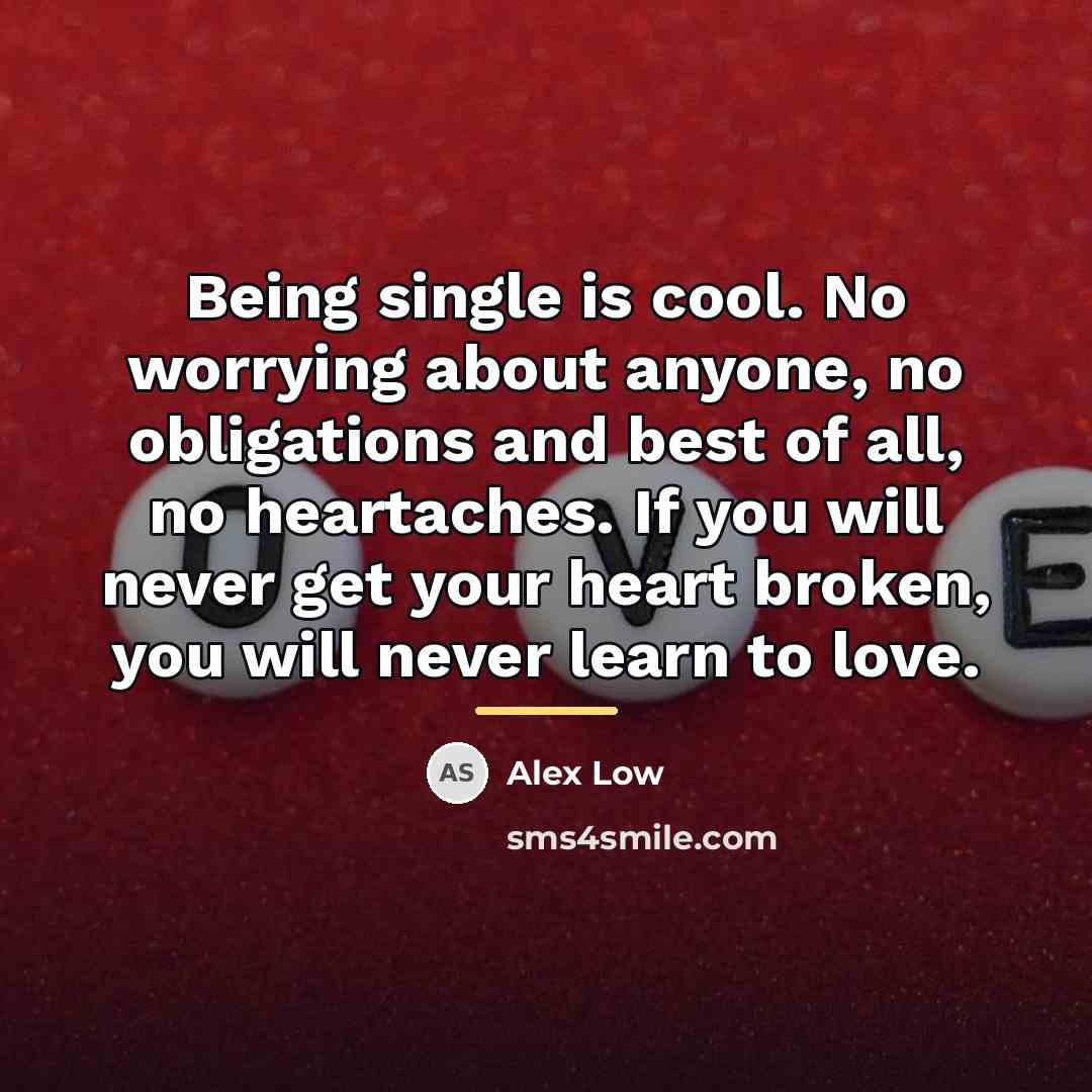 “Being single is cool. No worrying about anyone, no obligations…” quote by Alex Low