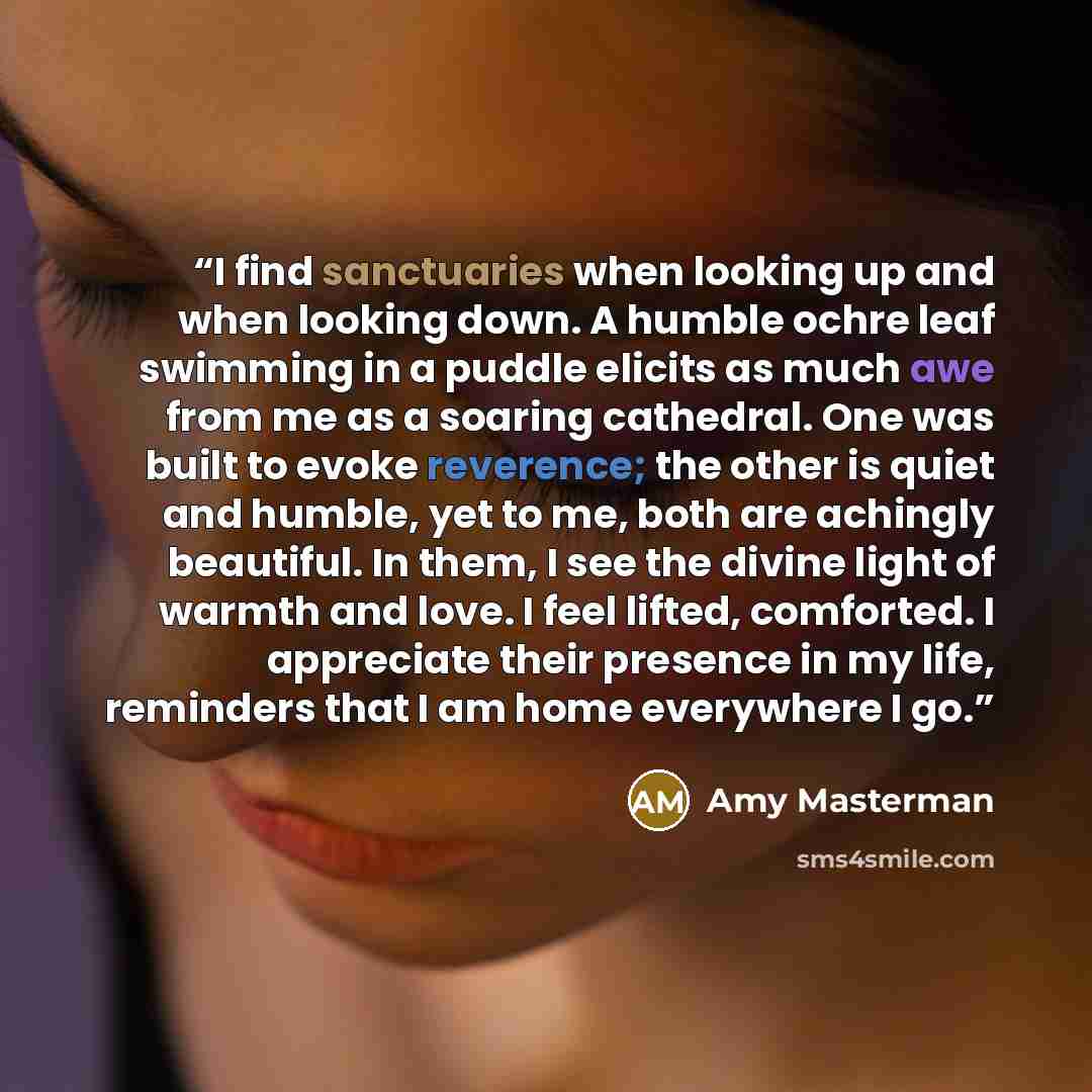 “I find sanctuaries when looking up and when looking down. A humble ochre leaf swimming in a puddle elicits as much awe from me as a soaring cathedral. One was built to evoke reverence; the other is quiet and humble, yet to me, both are achingly beautiful. In them, I see the divine light of warmth…” quote by Amy Masterman