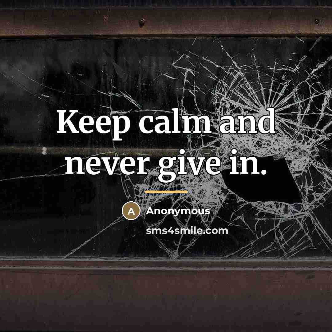 “Keep calm and never give in.…” quote by Anonymous