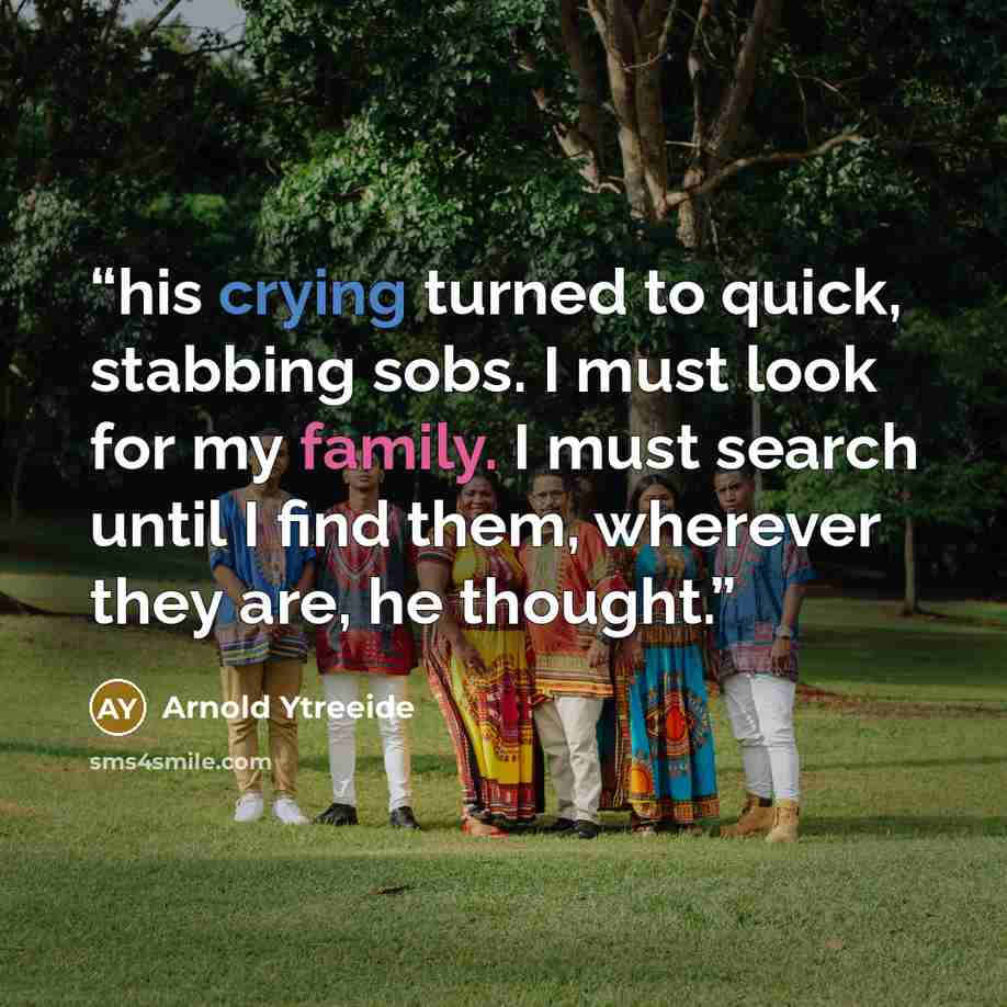 “his crying turned to quick, stabbing sobs. I must look for my family. I must search until I find them, wherever they are, he thought.” quote by Arnold Ytreeide