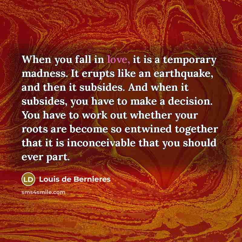 “When you fall in love, it is a temporary madness.…” quote by Louis de Bernieres