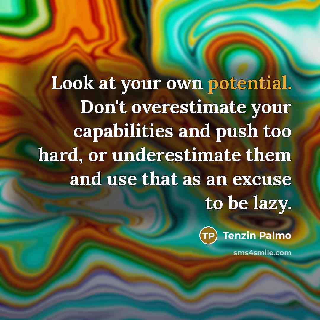 “Look at your own potential. Don't overestimate your capabilities and…” quote by Tenzin Palmo