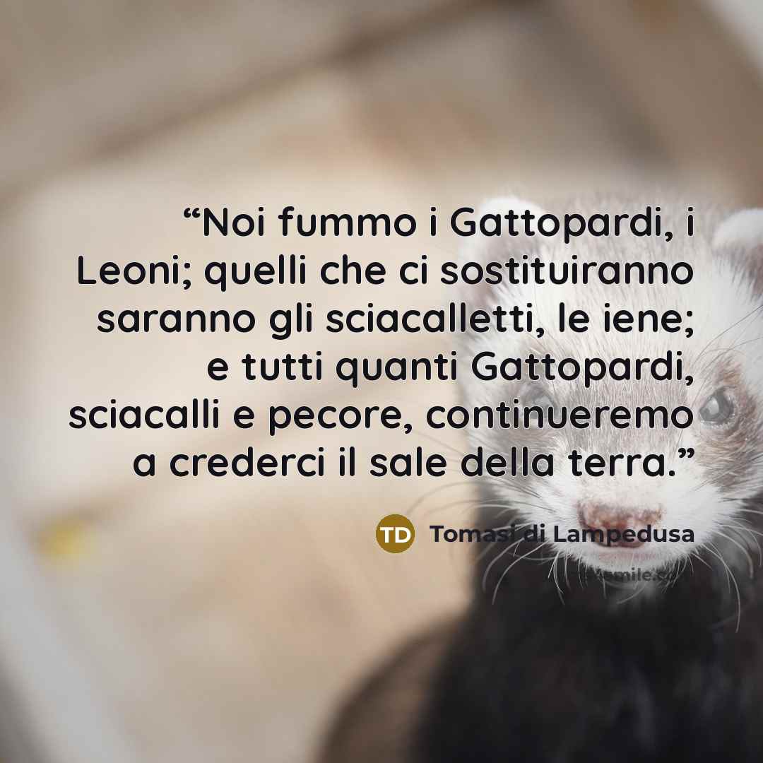 “Noi fummo i Gattopardi, i Leoni; quelli che ci sostituiranno saranno gli sciacalletti, le iene; e tutti quanti Gattopardi, sciacalli e pecore, continueremo a crederci il sale della terra.” quote by Tomasi di Lampedusa