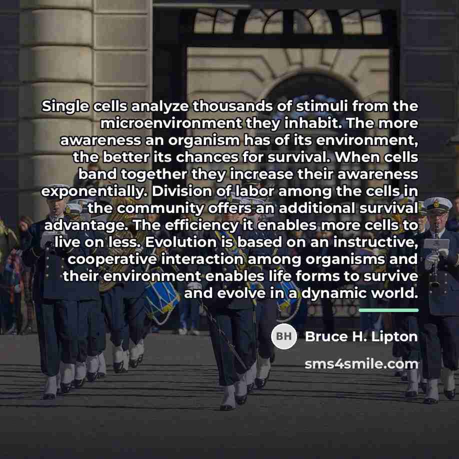 “Single cells analyze thousands of stimuli from the microenvironment they…” quote by Bruce H. Lipton