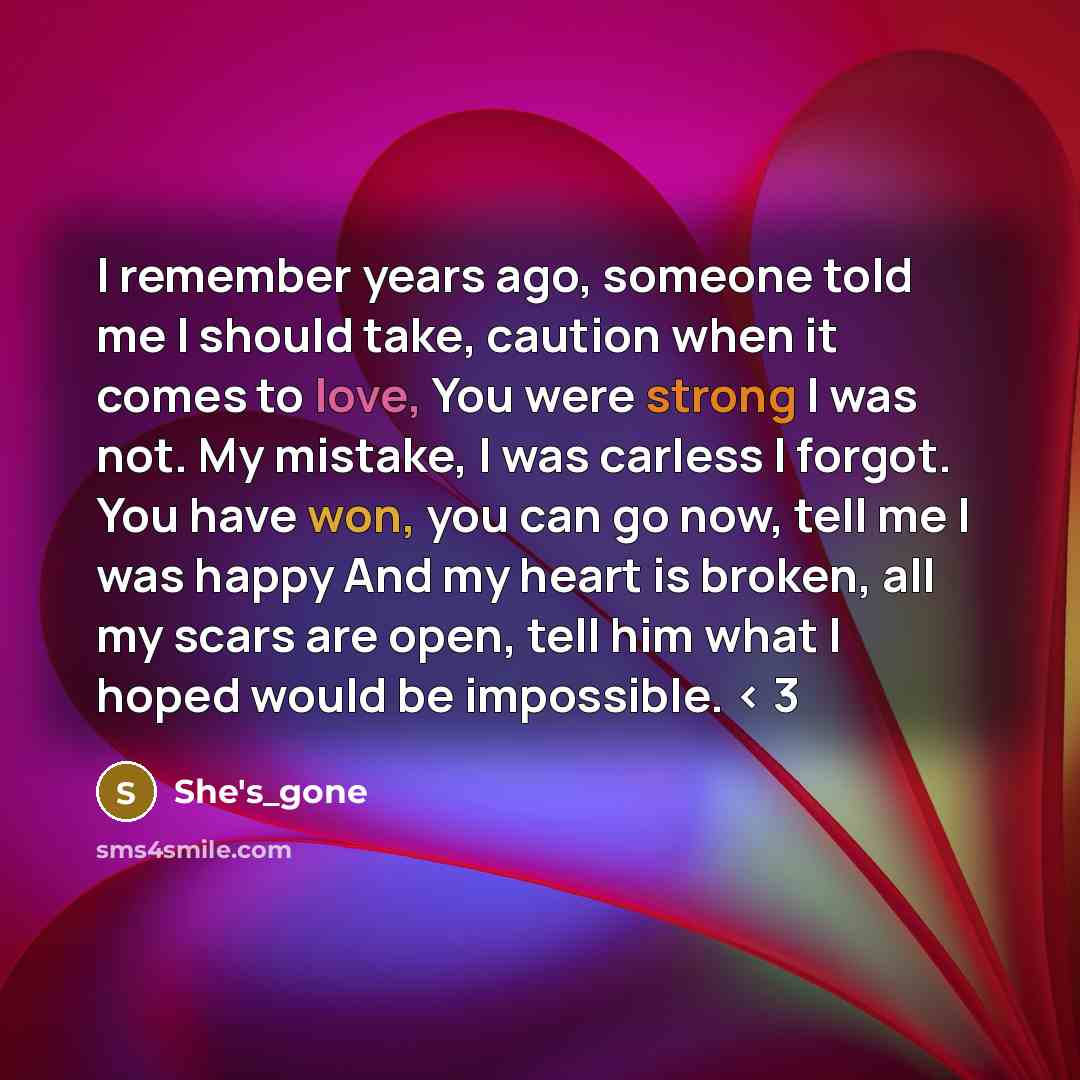 “I remember years ago, someone told me I should take, caution when it comes to love, You were strong I was not. My mistake, I was carless I forgot. You have won, you can go now, tell me I was happy And my heart is broken, all my scars are open, tell him what I hoped would be impossible. < 3” quote by She's_gone