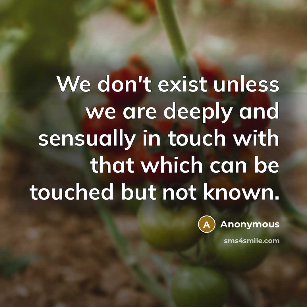“We don't exist unless we are deeply and sensually in touch with that which can be touched but not known.” quote by Anonymous