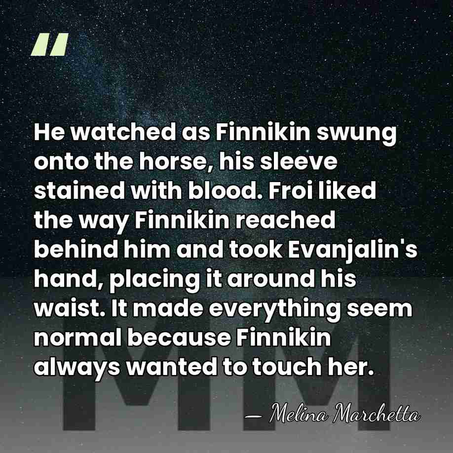 He watched as Finnikin swung onto the horse, his sleeve stained with&hellip; - Melina Marchetta