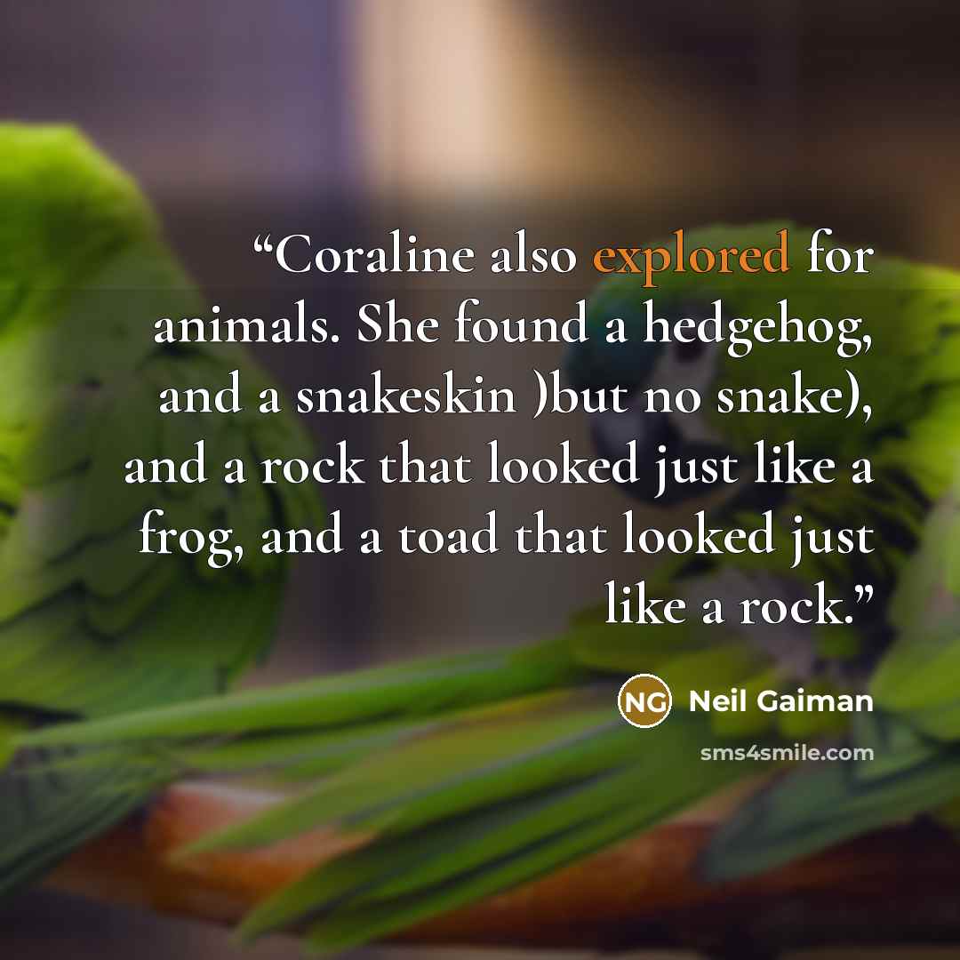 “Coraline also explored for animals. She found a hedgehog, and a snakeskin )but no snake), and a rock that looked just like a frog, and a toad that looked just like a rock.” quote by Neil Gaiman