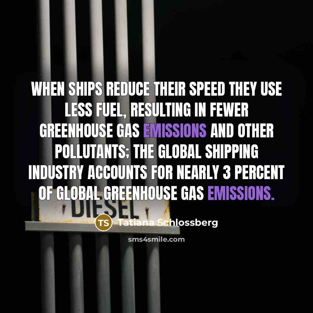 “When ships reduce their speed they use less fuel, resulting in fewer greenhouse gas emissions and other pollutants; the global shipping industry accounts for nearly 3 percent of global greenhouse gas emissions.” quote by Tatiana Schlossberg