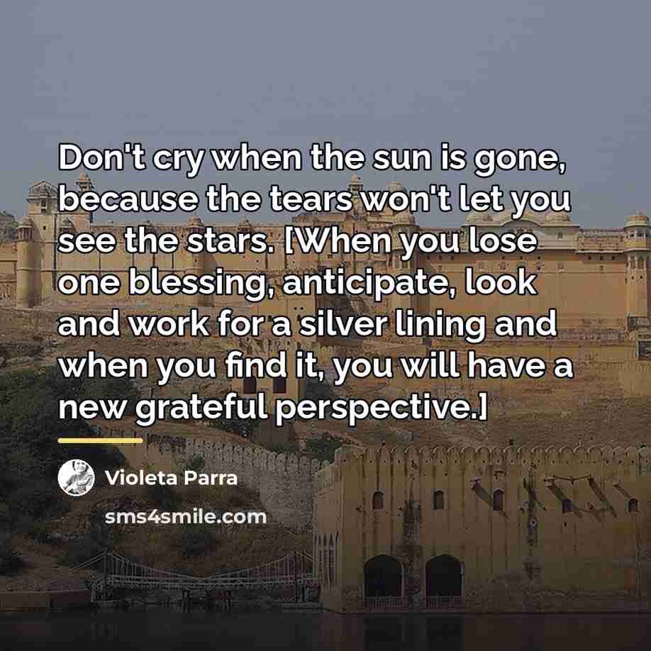 “Don't cry when the sun is gone, because the tears…” quote by Violeta Parra