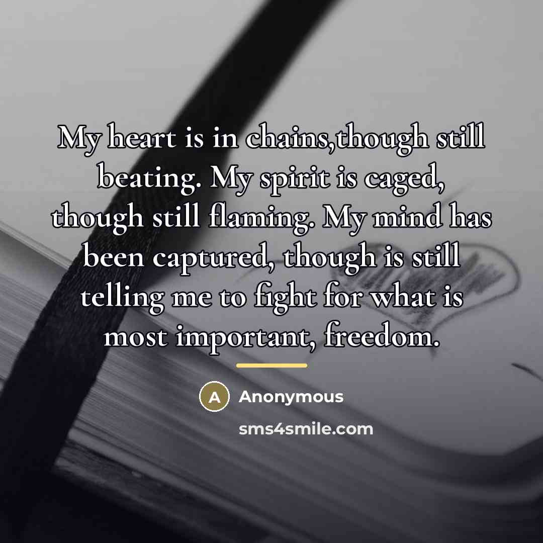 “My heart is in chains,though still beating. My spirit is…” quote by Anonymous